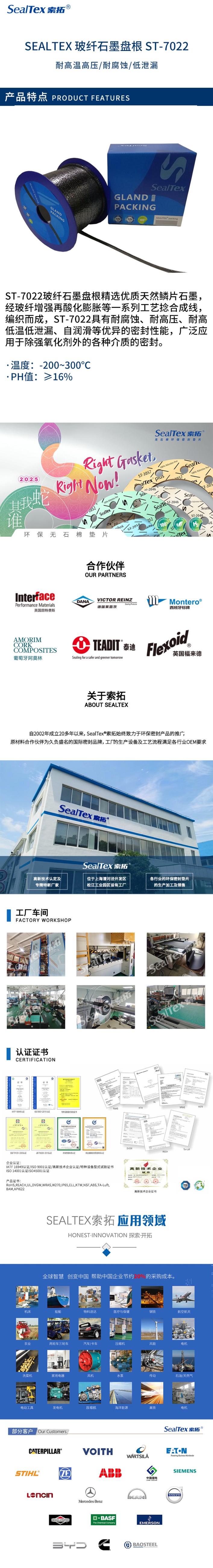 SEALTEX索拓玻纤石墨密封盘根ST-7022