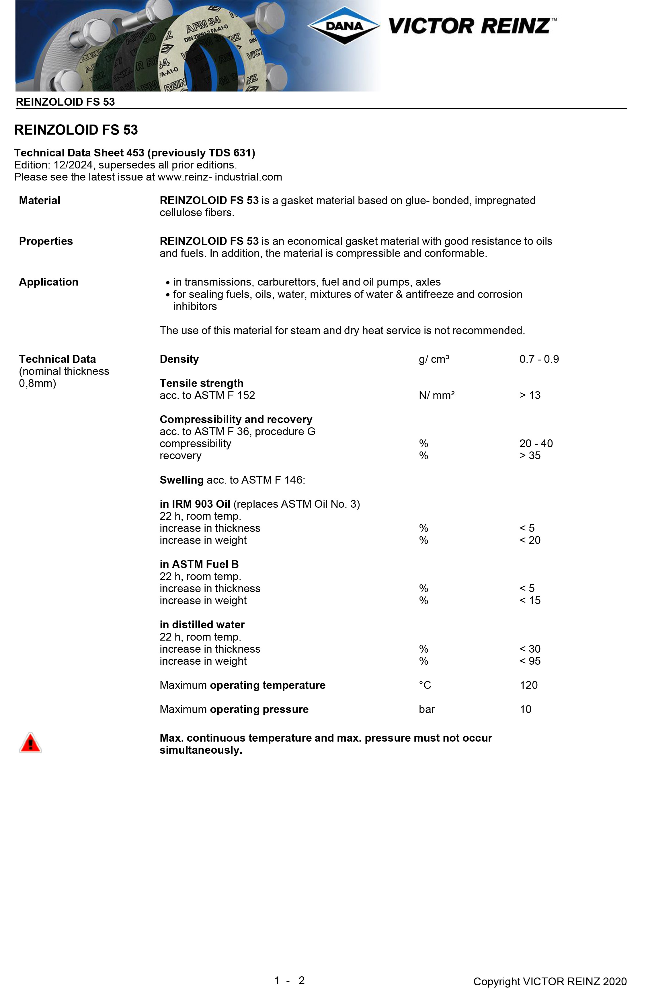 VICTOR REINZOLOID FS 53耐油纤维纸密封垫